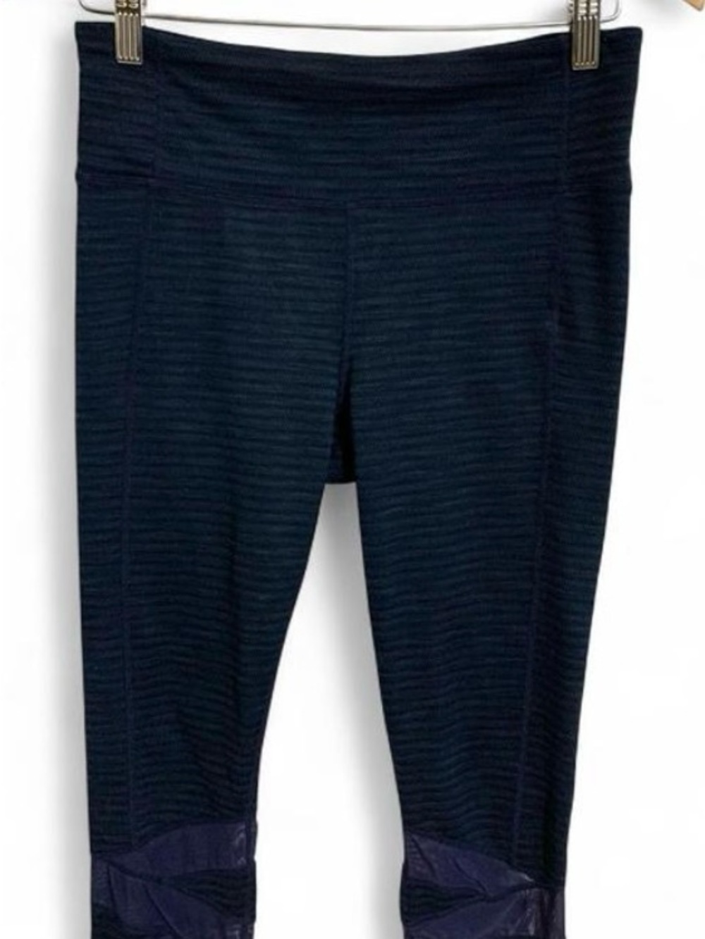 Athleta Women's M Capri Leggings Blue/Black Criss-Cross Mesh Cuff Sportswear
